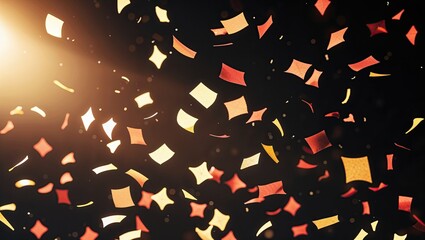 Floating confetti cluster glimmering in dark abstract space, with warm red square star shapes