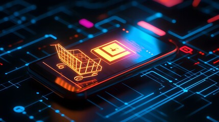 Digital Shopping Cart: Capturing the essence of modern retail, a mobile phone glows, showcasing a stylized shopping cart icon amidst a circuit board design.