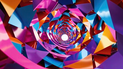 Forming kaleidoscopic spiral tunnel in virtual space, with triangular geometric panels and facets