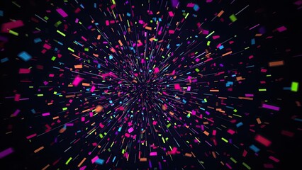 Bursting central artwork sending neon confetti particles outward in dark space, with light streaks