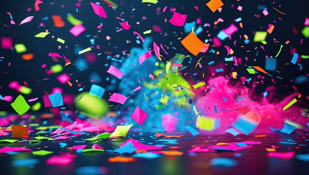 Bursting neon confetti squares and swirling colored powder clouds, covering reflective studio floor