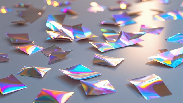 Shimmering holographic confetti pieces reflecting pastel rainbow hues on neutral-toned tabletop - Powered by Adobe