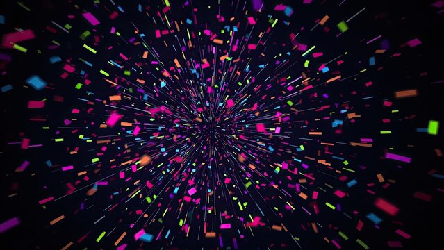 Bursting central artwork sending neon confetti particles outward in dark space, with light streaks