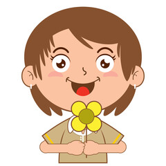 girl holding flower playful face cartoon cute