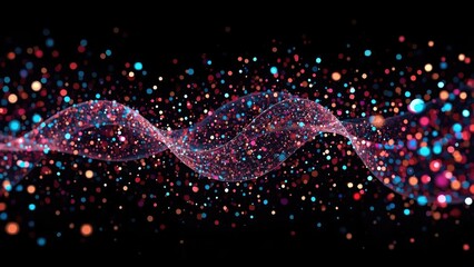 Displaying glowing wavy ribbon structure flowing through dark void, with mesh lines and dots