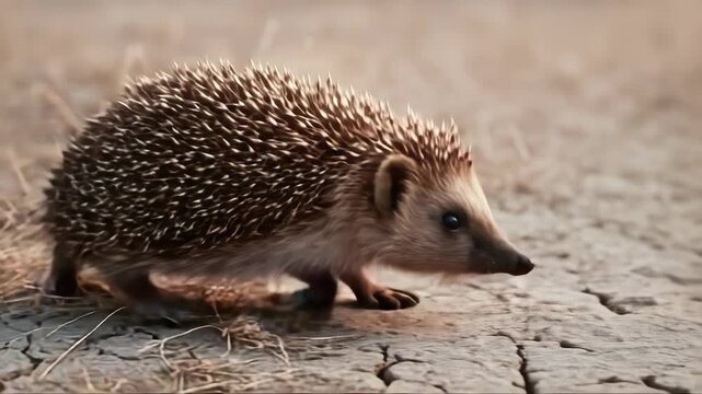 Curious hedgehog exploring dry terrain with determination and cautious steps