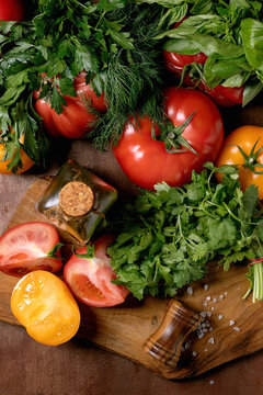 Fresh Tomatoes Herbs Wooden Cutting Board