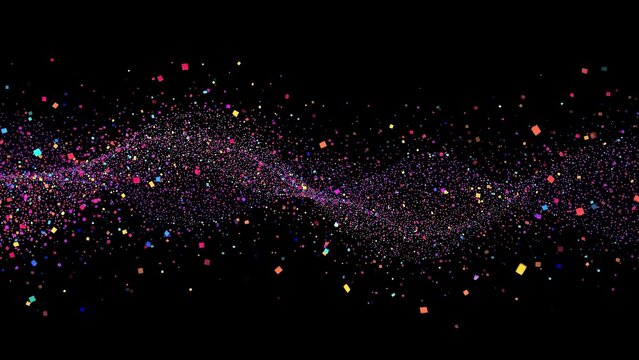 Flowing particle wave sweeping across digital black canvas, with multicolored squares and tiny dots - Powered by Adobe