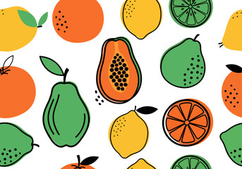 A cheerful and vibrant seamless pattern of tropical fruits, illustrated in a playful, modern style combining flat colors with sketchy, hand-drawn outlines. Vector Patterns