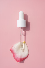 skincare natural rose essential oil product. Pink rose petals and cosmetic glass pipette dropper...