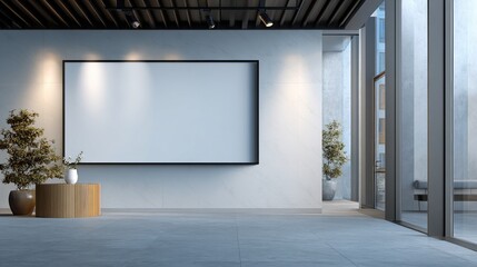 A mockup of an empty wall with a blank TV screen, set in the modern interior design of a office space. This mockup is ready for your digital content or branding presentation.