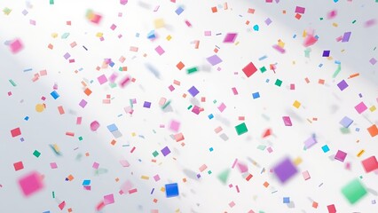 Floating colorful squares, rectangles drifting across gray gradient field, with confetti elements
