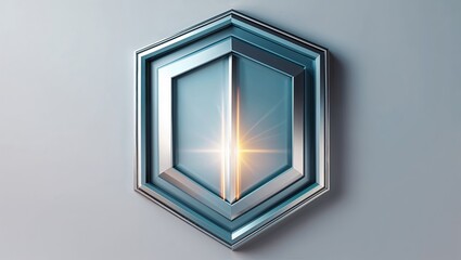 Radiating layered silver blue hexagon emblem emitting warm light via translucent pane on gray wall