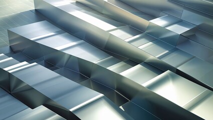 Displaying shiny metal panels and beams forming stepped pattern in 3D scene, with grid-plane glow