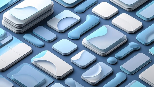 Displaying arrangement of layered blue and white geometric shapes in digital UI, with glossy insets