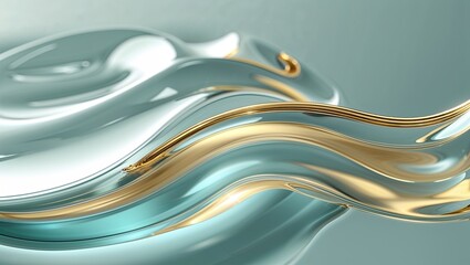 Flowing interwoven metallic ribbons creating waves in digital space, glossy teal gold sheen