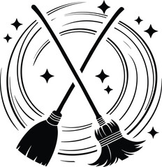 Fototapeta premium Crossed Magical Brooms with Swirl and Sparkles in Silhouette