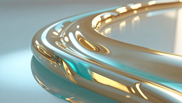 Shining metallic loop reflecting ambient light over reflective base in digital 3D studio