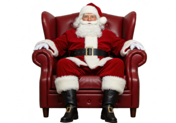 Santa claus sitting in a red chair is isolated on transparent background
