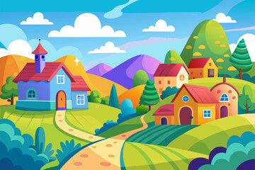 Naklejka premium Bright Cartoon Village with Colorful Small Houses
