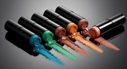 Illustration of striking arrangement of five black lipstick tubes with colorful eyeshadow powder spilling out, creating vibrant, artistic display on dark, reflective surface