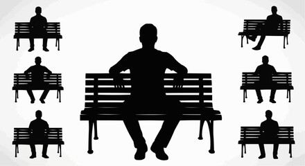 Man Sitting on Bench Silhouette Set – Relaxed and Resting Poses in Vector Style on White Background

