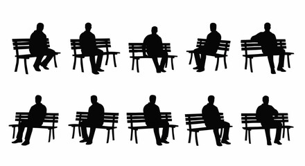 Man Sitting on Bench Silhouette Set – Relaxed and Resting Poses in Vector Style on White Background

