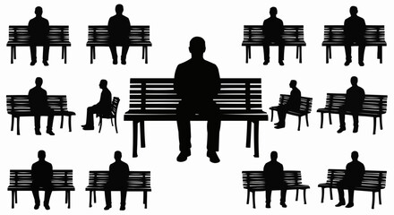 Man Sitting on Bench Silhouette Set – Relaxed and Resting Poses in Vector Style on White Background

