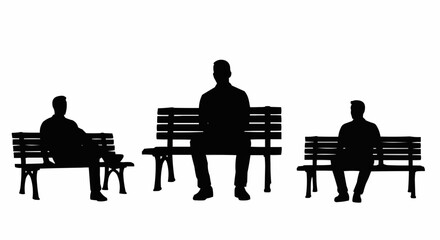 Man Sitting on Bench Silhouette Set – Relaxed and Resting Poses in Vector Style on White Background

