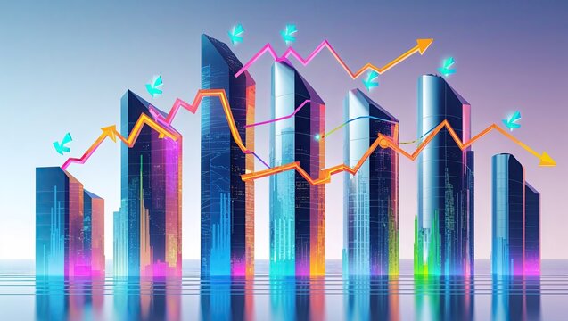 Glowing futuristic city skyline reflecting in calm water at dusk, with neon trend graphs and arrows