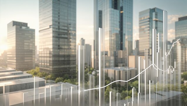 Displaying skyscrapers reflecting light in financial district, with bar charts, white trend line