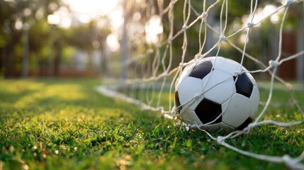 Soccer ball nestled in a net, sunlit grassy field