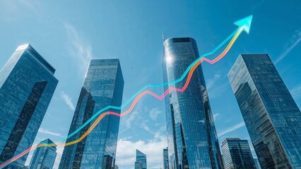 Showing reflective glass skyscraper rising in urban skyline with trend lines forming cyan arrow