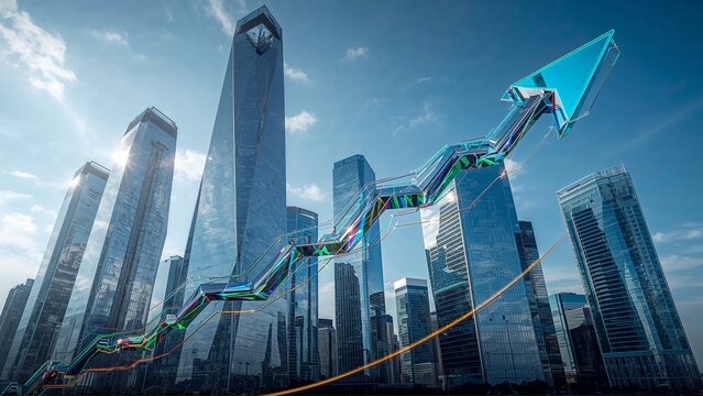 Rising 3D arrow chart spanning financial district skyline with glass towers and neon trend lines