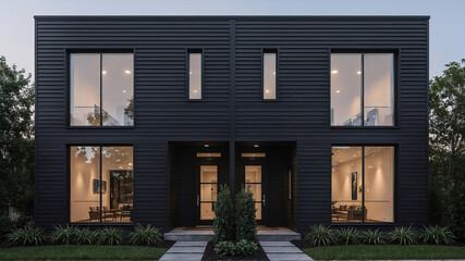Modern architectural design of a contemporary duplex exterior showcasing elegant dark wood siding and large windows with interior lighting