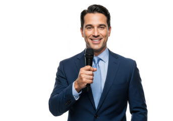 A man speaking into a microphone at a business presentation isolated on transparent background