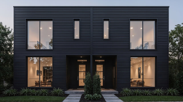 Modern architectural design of a contemporary duplex exterior showcasing elegant dark wood siding and large windows with interior lighting