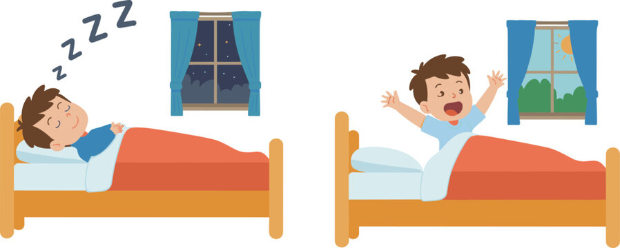 Boy Sleeping Waking Up Morning Routine Good Night Restful Sleep Healthy Habits Child Bedroom Scene Daily Activity Lifestyle Vector