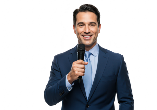 A man speaking into a microphone at a business presentation isolated on transparent background