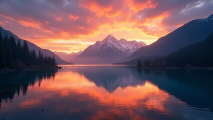 Stunning 8K Ultra High-Resolution Wallpaper – Breathtaking Mountain Landscape with Lake Reflections and Vibrant Sunset Sky, Hyper-Realistic Details and Vivid Colors, Perfect for Desktop or TV Backgrou