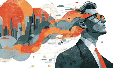 Corporate leader illustrated in futuristic art style, modern business innovation, digital transformation, and success