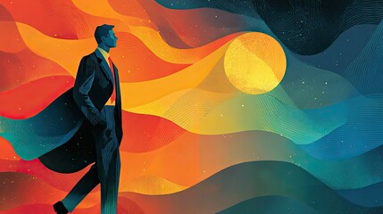 Corporate leader illustrated in futuristic art style, modern business innovation, digital transformation, and success