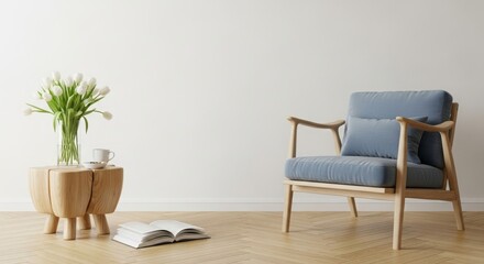 Cozy living room corner featuring a stylish chair, wooden table with flowers, and a book