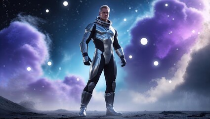 Naklejka premium Standing male astronaut wearing armored suit on moonscape, under glowing orbs and purple nebula