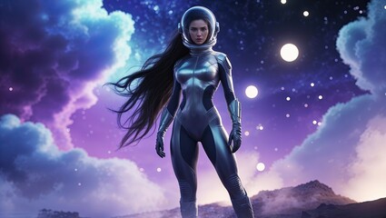 Walking female astronaut exploring alien planet surface, with spacesuit, helmet and gloves