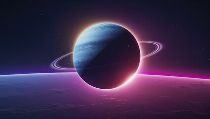 Fototapeta premium Floating ringed gas giant glowing above lit horizon in low orbit, revealing distant starfield