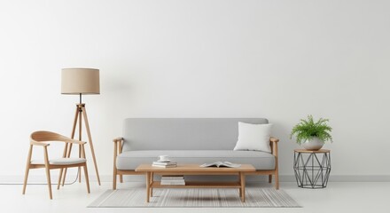 Modern minimalist living room with a gray sofa, wooden furniture, and a potted plant in a bright space