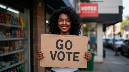 Young Woman Holds Voting Sign on City Street Promoting Civic Engagement