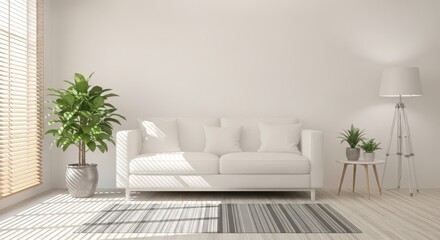 Bright and airy living room featuring a white sofa, plants, and natural light streaming through blinds