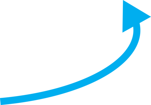 Blue arrow curving upwards on white background